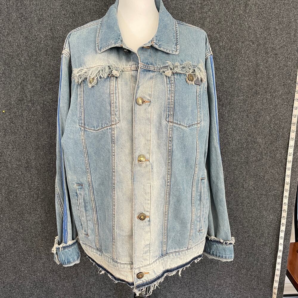 Pink Dolphin Women’s Denim Jacket XL Light Wash Distressed Frayed Hem Streetwear